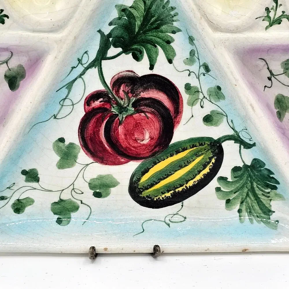 Vintage Italy Hand Painted Vegetable Egg Crudites Platter Serving Dish